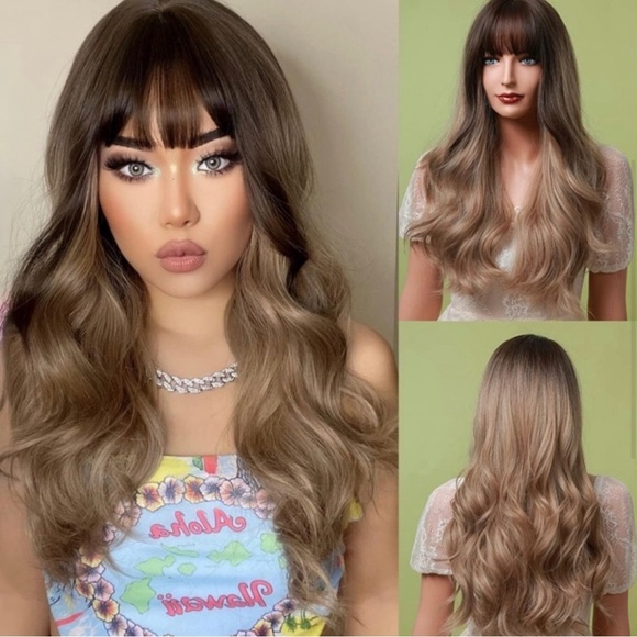 BALAYAGE MEDIUM BLONDE 26 Inch Chocolate Wavy Wig with bangs for daily wear - Picture 3 of 13